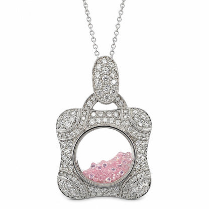 18K White Gold Diamond and Pink Sapphire Shaker Locket Pendant Necklace