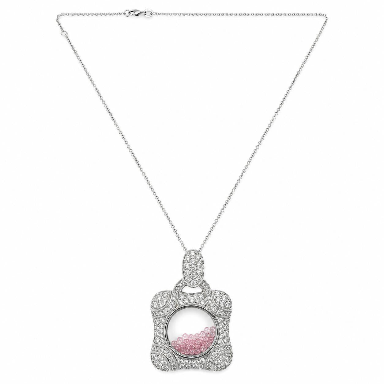 18K White Gold Diamond and Pink Sapphire Shaker Locket Pendant Necklace
