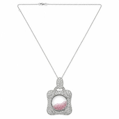 18K White Gold Diamond and Pink Sapphire Shaker Locket Pendant Necklace