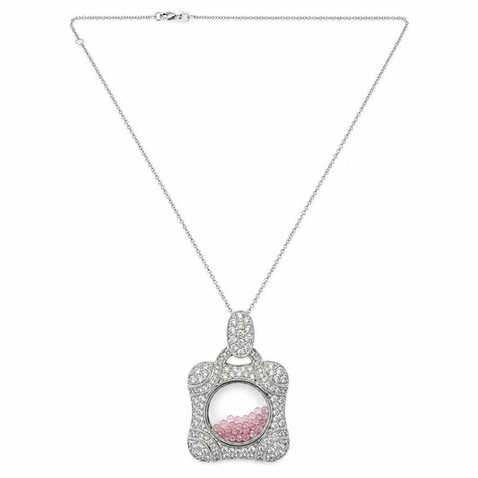 18K White Gold Diamond and Pink Sapphire Shaker Locket Pendant Necklace