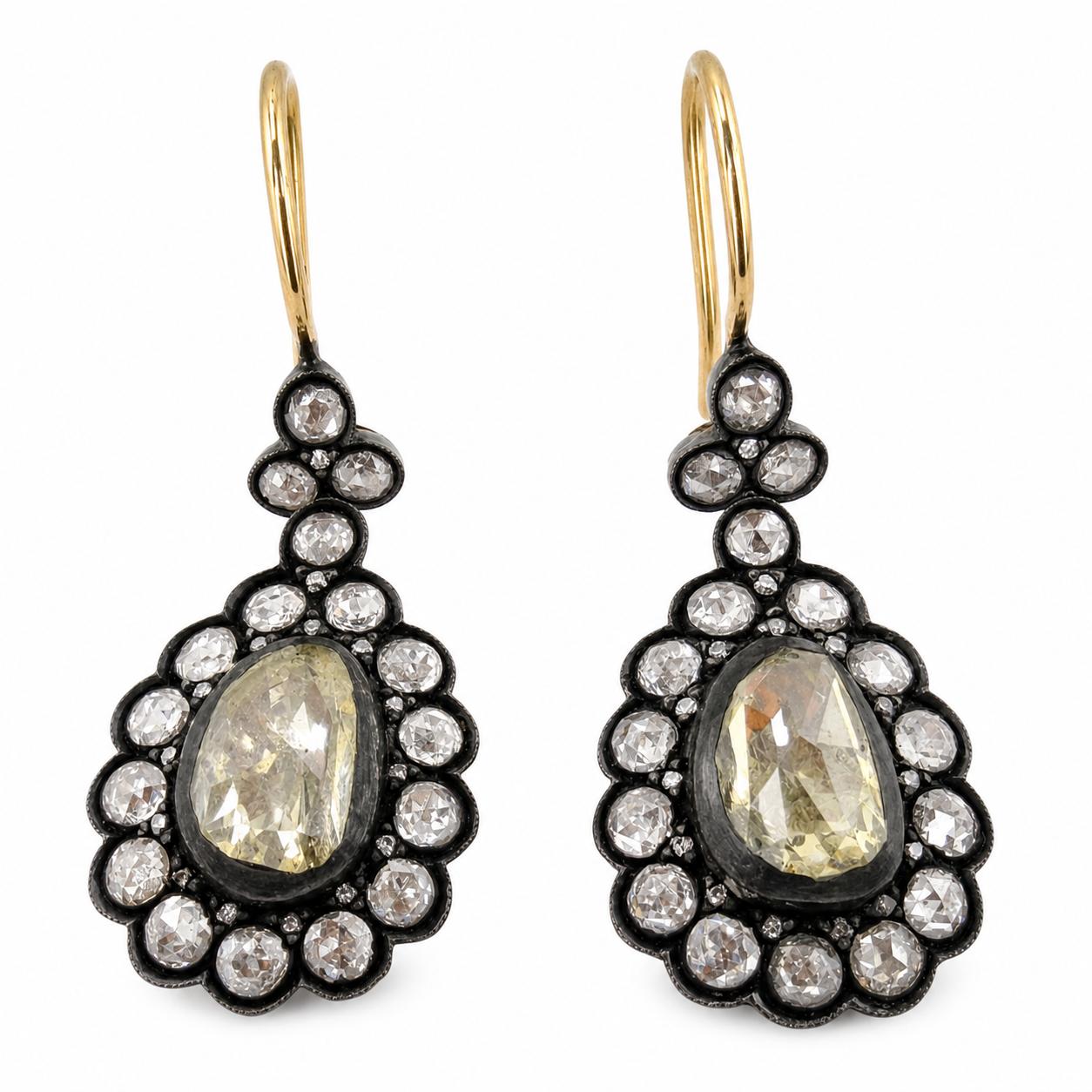 18K Yellow Gold and Silver Top 6.22 Carat Rose Cut Diamond Drop Earrings