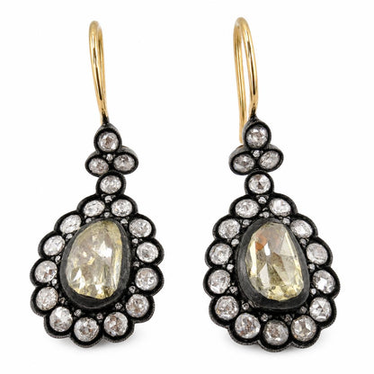 18K Yellow Gold and Silver Top 6.22 Carat Rose Cut Diamond Drop Earrings