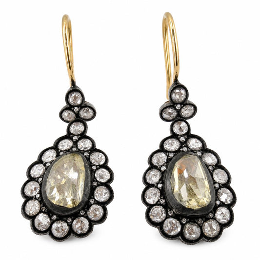 18K Yellow Gold and Silver Top 6.22 Carat Rose Cut Diamond Drop Earrings