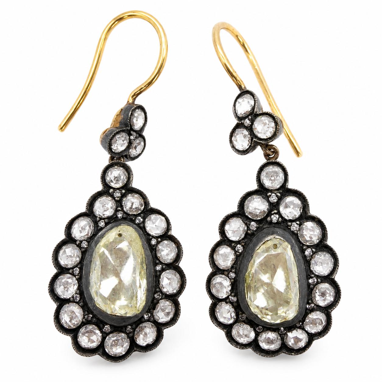 18K Yellow Gold and Silver Top 6.22 Carat Rose Cut Diamond Drop Earrings