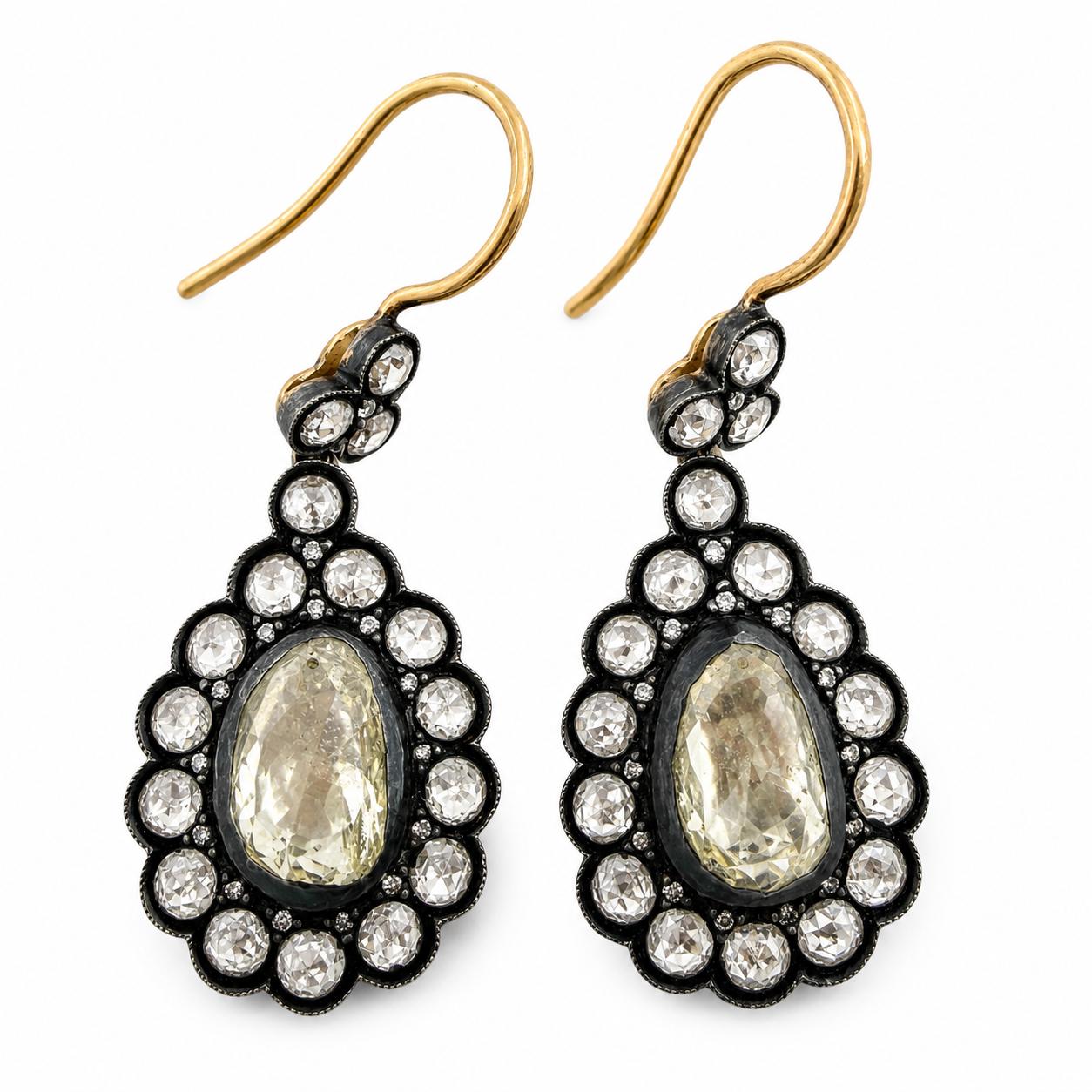 18K Yellow Gold and Silver Top 6.22 Carat Rose Cut Diamond Drop Earrings