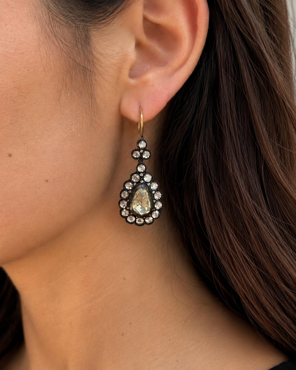 18K Yellow Gold and Silver Top 6.22 Carat Rose Cut Diamond Drop Earrings