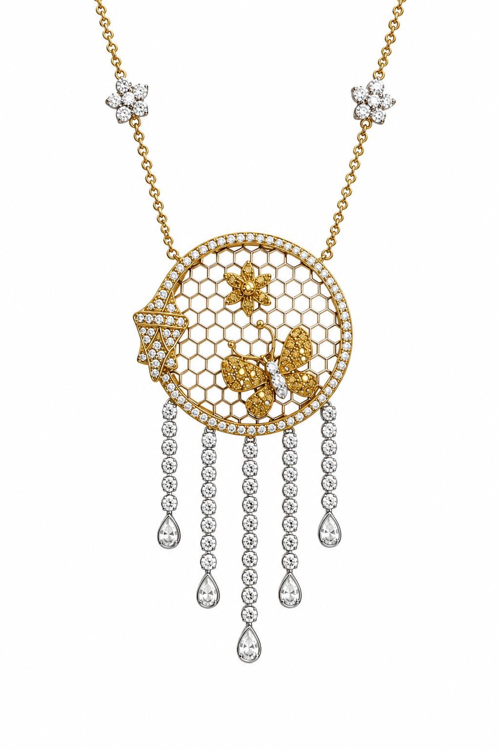 18K Two Tone White and Yellow Diamond Butterfly and Flower Drop Necklace
