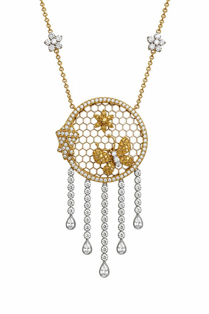 18K Two Tone White and Yellow Diamond Butterfly and Flower Drop Necklace