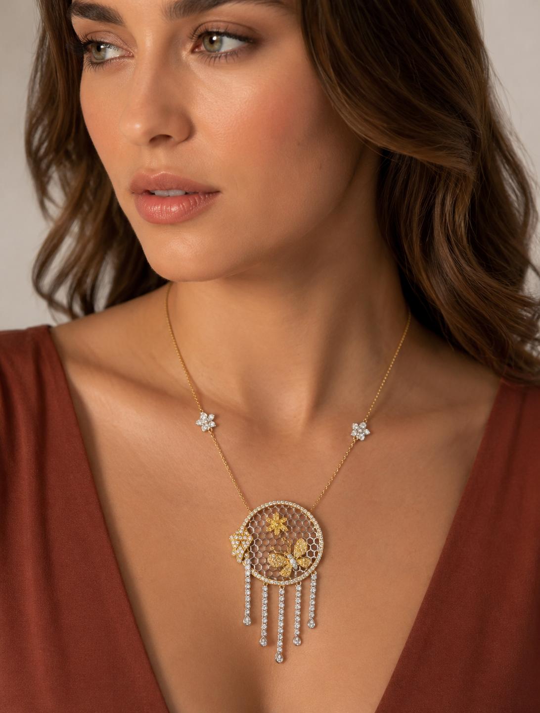 18K Two Tone White and Yellow Diamond Butterfly and Flower Drop Necklace