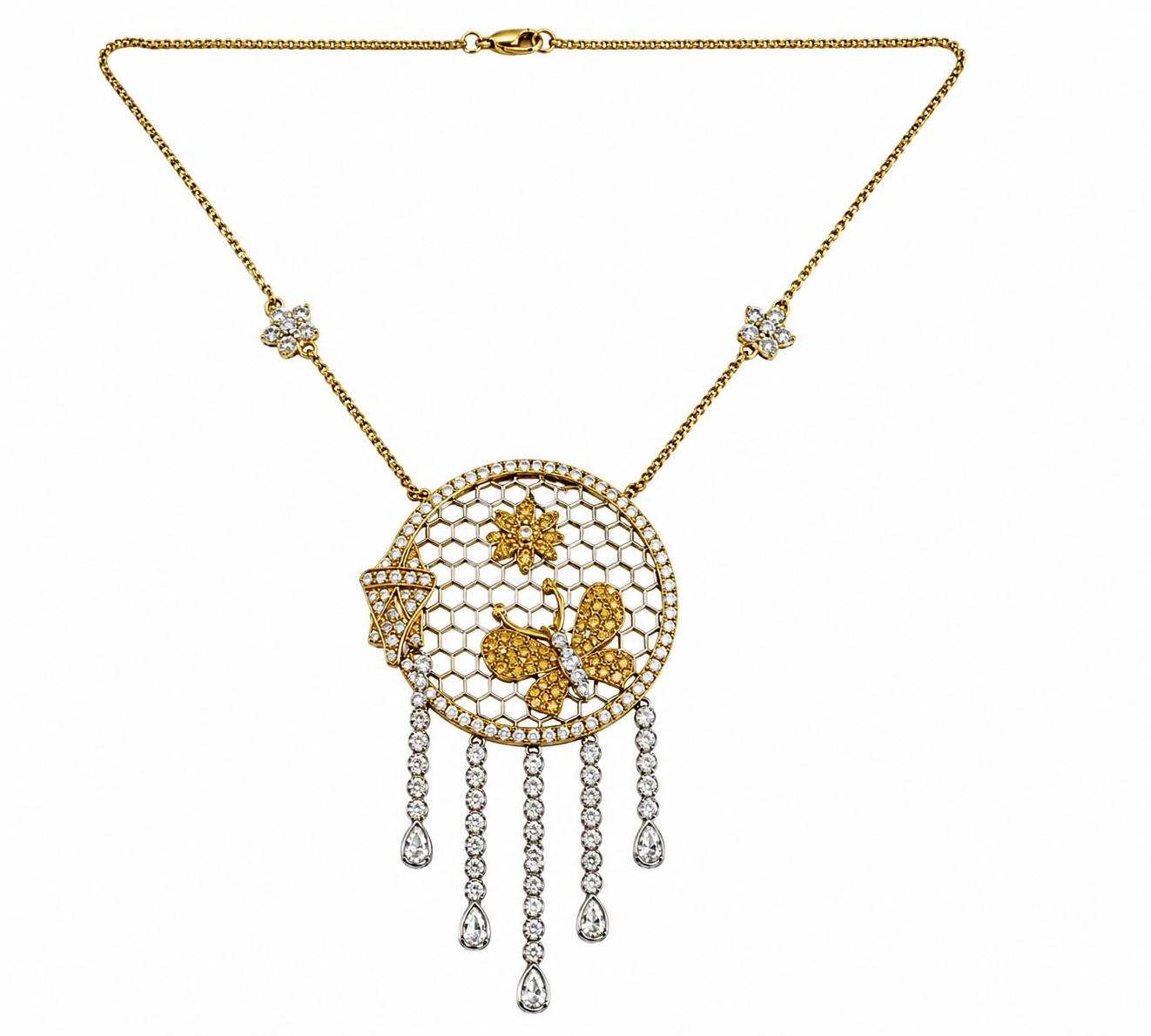 18K Two Tone White and Yellow Diamond Butterfly and Flower Drop Necklace
