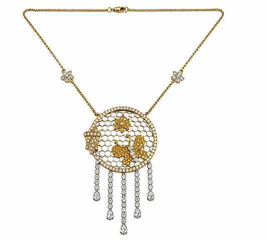 18K Two Tone White and Yellow Diamond Butterfly and Flower Drop Necklace