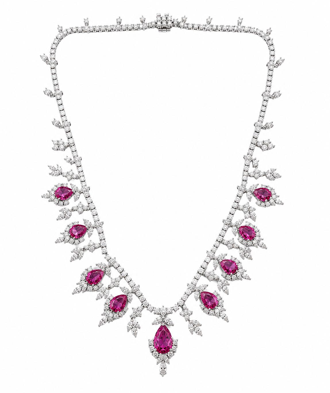 18K 13.85 Carat Pear Cut Pink Sapphire and Diamond Drop Necklace