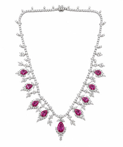 18K 13.85 Carat Pear Cut Pink Sapphire and Diamond Drop Necklace