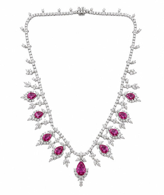 18K 13.85 Carat Pear Cut Pink Sapphire and Diamond Drop Necklace