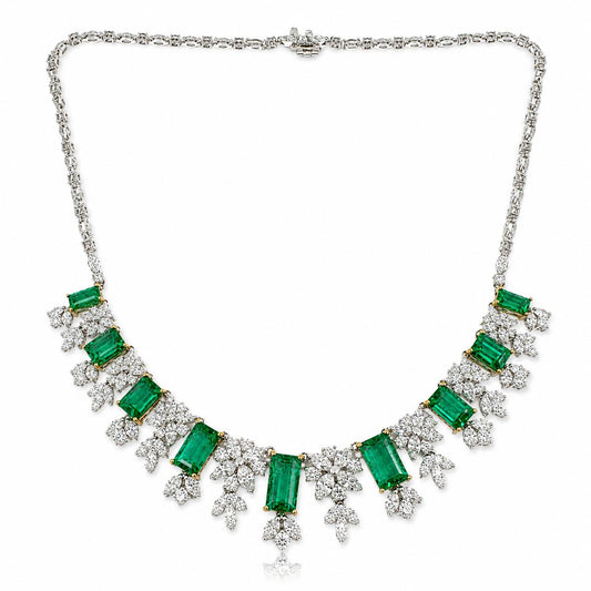 18K Yellow and White Gold Marquise Cut Diamond and Emerald Necklace
