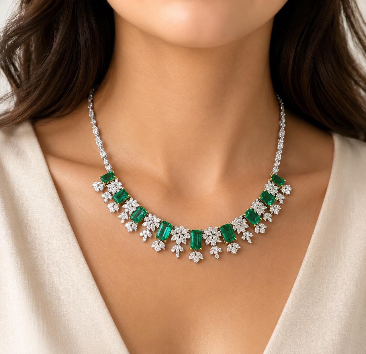 18K Yellow and White Gold Marquise Cut Diamond and Emerald Necklace