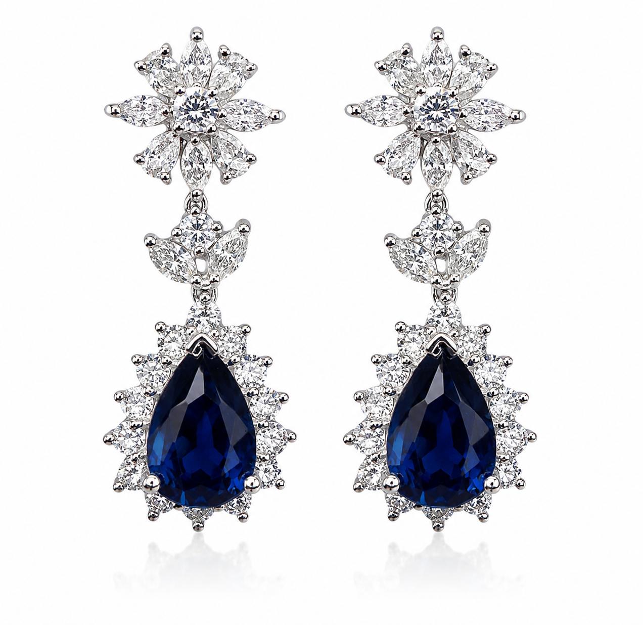 18K White Gold Diamond and 6.27 Carat Pear Cut Sapphire Earrings