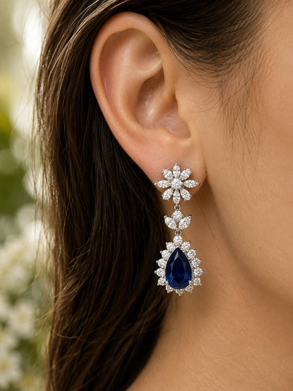 18K White Gold Diamond and 6.27 Carat Pear Cut Sapphire Earrings