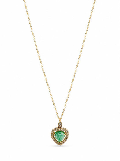 18K Yellow Gold .89 Carat Emerald and Diamond Heart Pendant Necklace