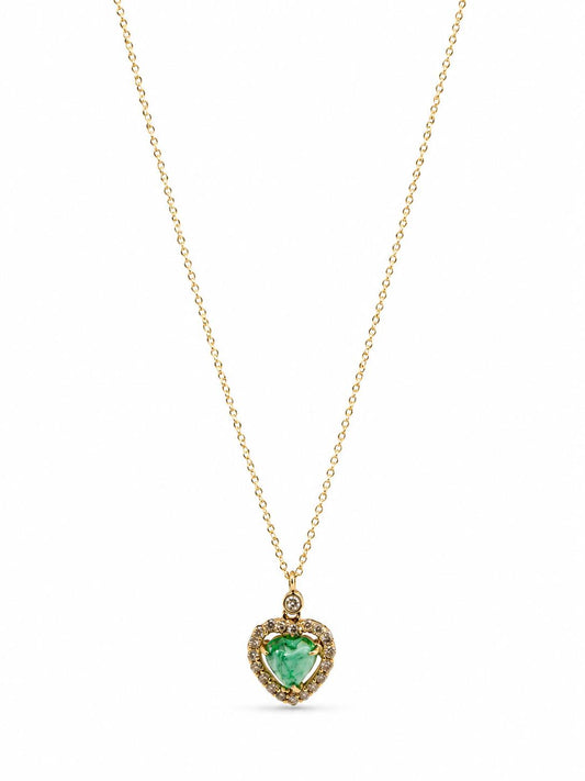 18K Yellow Gold .89 Carat Emerald and Diamond Heart Pendant Necklace