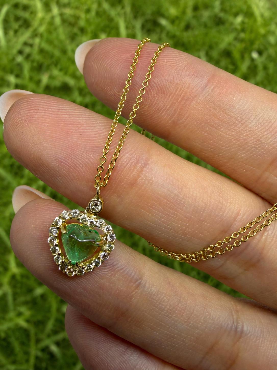 18K Yellow Gold .89 Carat Emerald and Diamond Heart Pendant Necklace