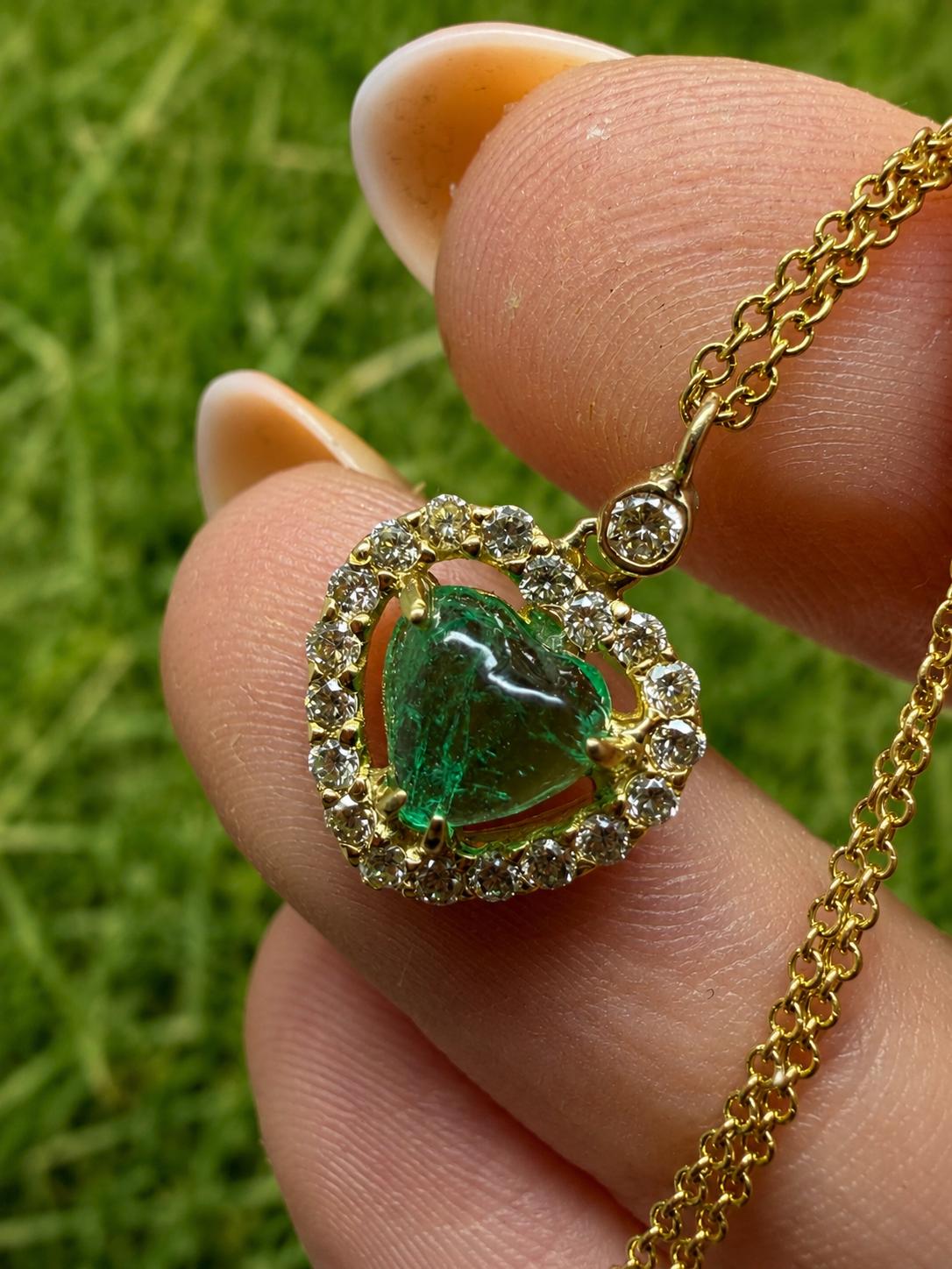 18K Yellow Gold .89 Carat Emerald and Diamond Heart Pendant Necklace