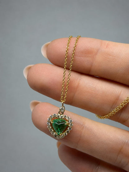 18K Yellow Gold .89 Carat Emerald and Diamond Heart Pendant Necklace