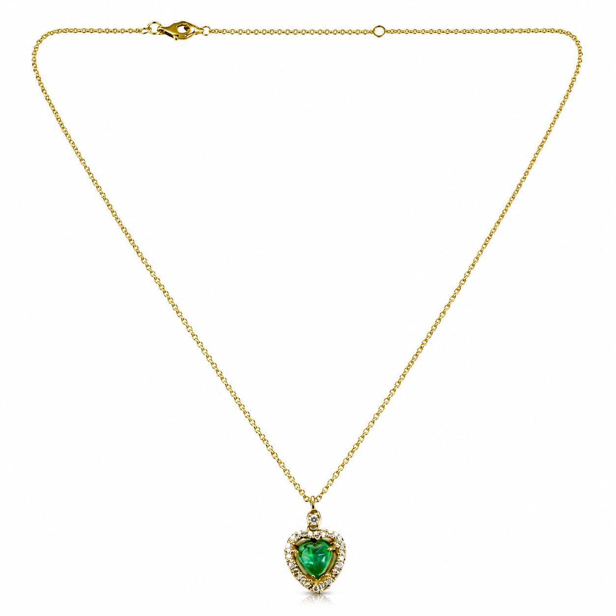 18K Yellow Gold .89 Carat Emerald and Diamond Heart Pendant Necklace