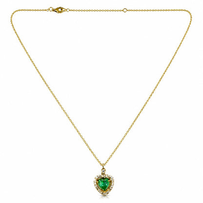 18K Yellow Gold .89 Carat Emerald and Diamond Heart Pendant Necklace