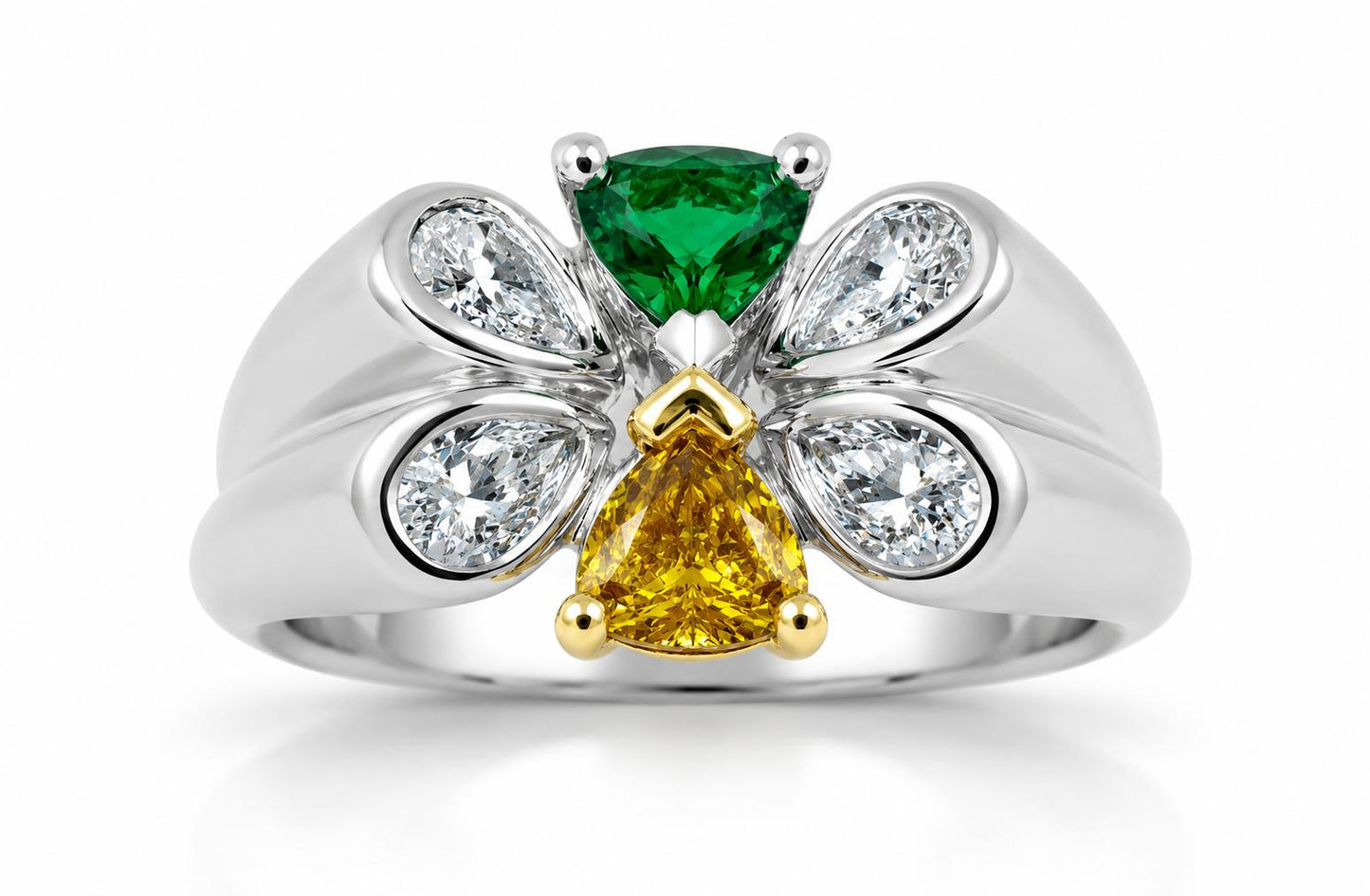 18k White and Yellow Diamond, and Emerald Butterfly Band Ring, Size 6.25
