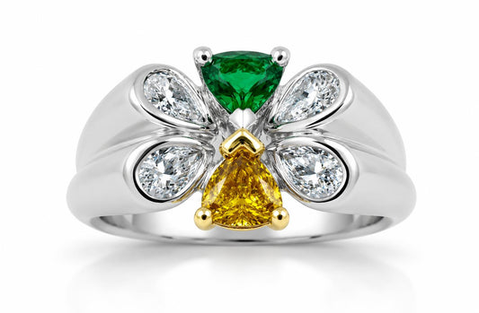 18k White and Yellow Diamond, and Emerald Butterfly Band Ring, Size 6.25