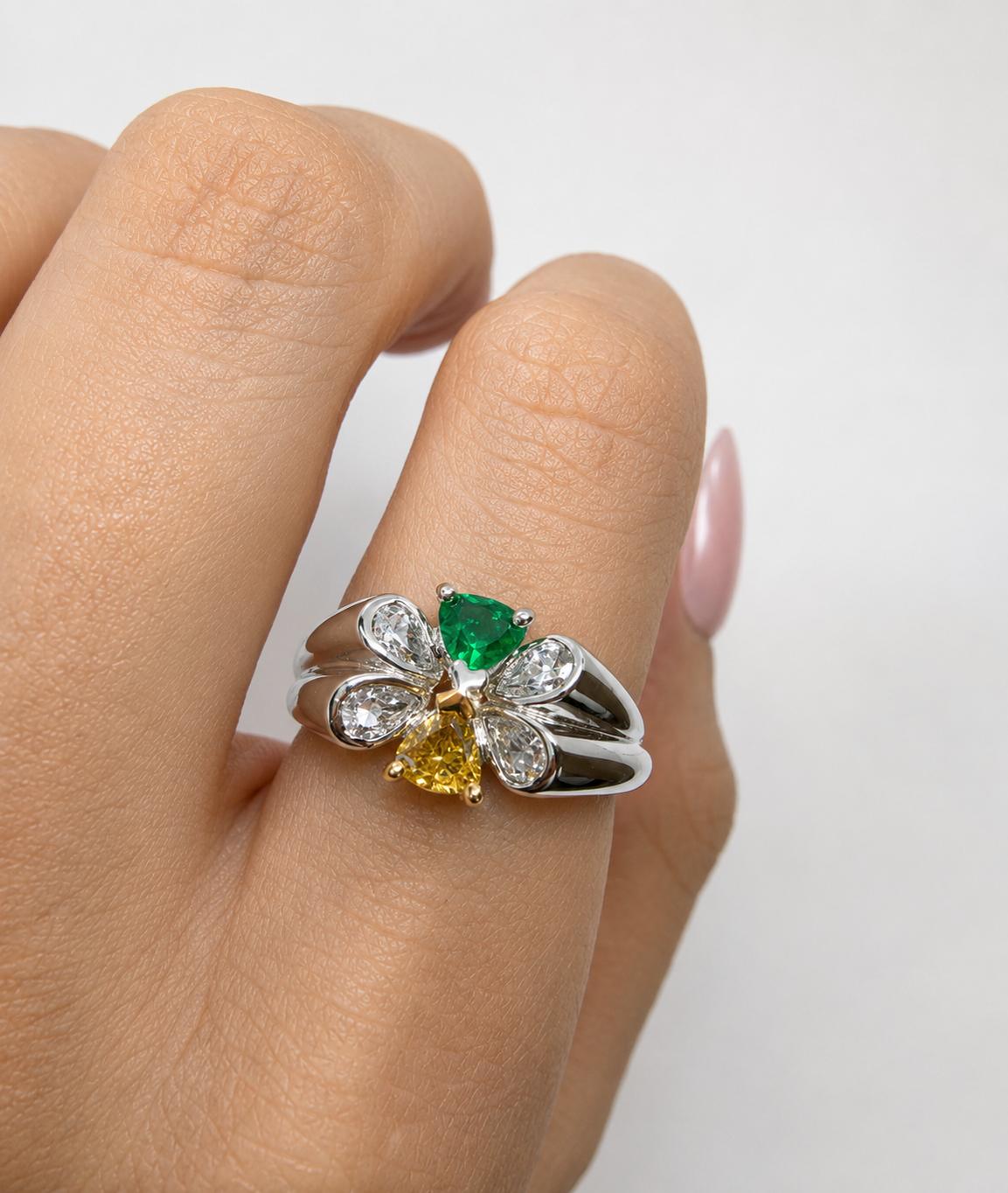 18k White and Yellow Diamond, and Emerald Butterfly Band Ring, Size 6.25