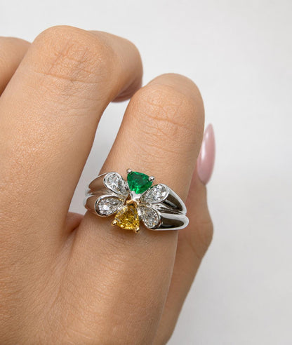 18k White and Yellow Diamond, and Emerald Butterfly Band Ring, Size 6.25