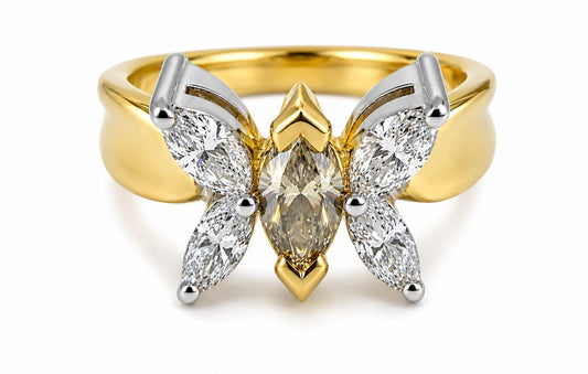 18K Yellow Gold Marquise Cut White and Brown Diamond Butterfly Ring