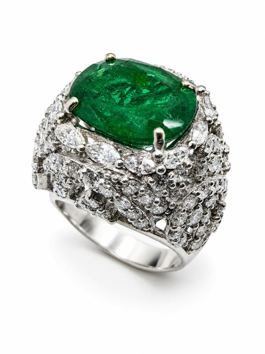 18K White Gold 6.32 Carat Emerald and Diamond Cocktail Ring - Size 7