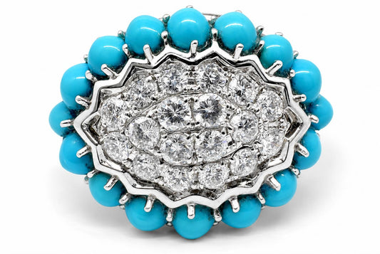 18K White Gold Diamond and Turquoise Cluster Ring