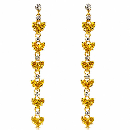 18K Yellow Gold 3.24 Carat Yellow Sapphire and Diamond Drop Heart Earrings