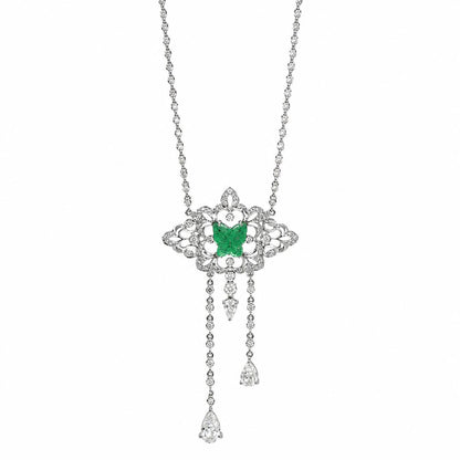 18K White Gold 1.12 Carat Butterfly Shaped Emerald and Diamond Necklace