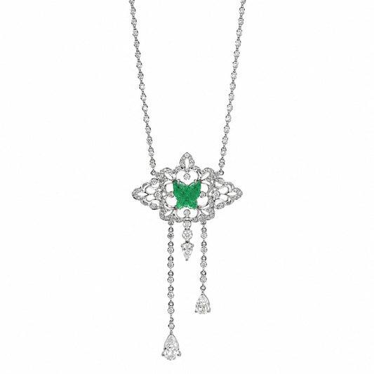 18K White Gold 1.12 Carat Butterfly Shaped Emerald and Diamond Necklace