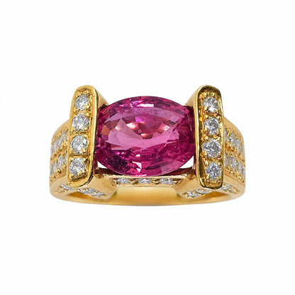 18k Yellow Gold 1.87 Carat Oval Pink Sapphire and Diamond Ring