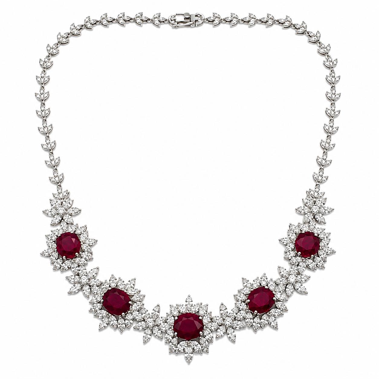 18K White Gold 11.76 carat Oval Ruby and Marquise Cut Diamond Necklace