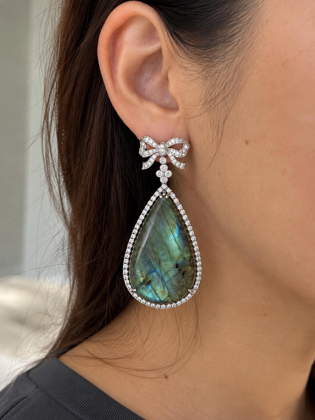 18K White Gold Diamond and Labradorite Bow Drop Earrings
