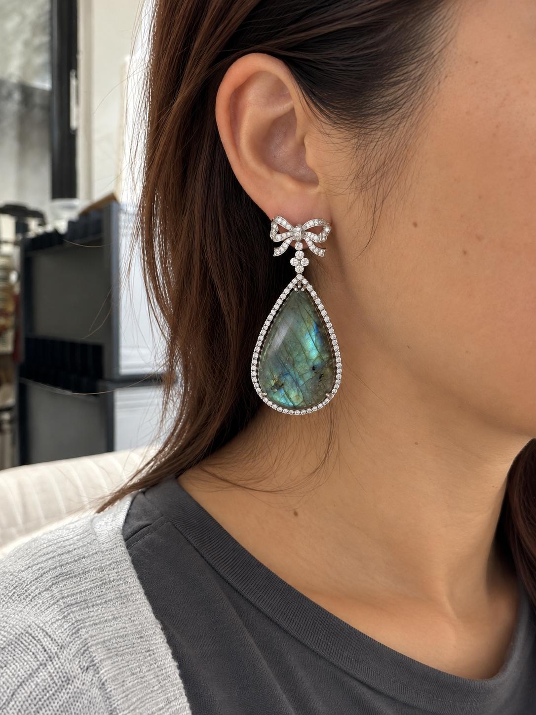 18K White Gold Diamond and Labradorite Bow Drop Earrings