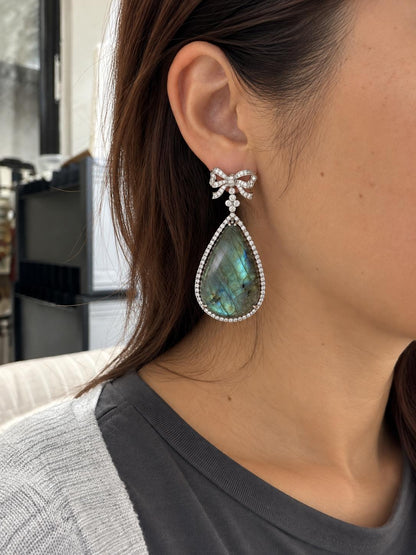 18K White Gold Diamond and Labradorite Bow Drop Earrings