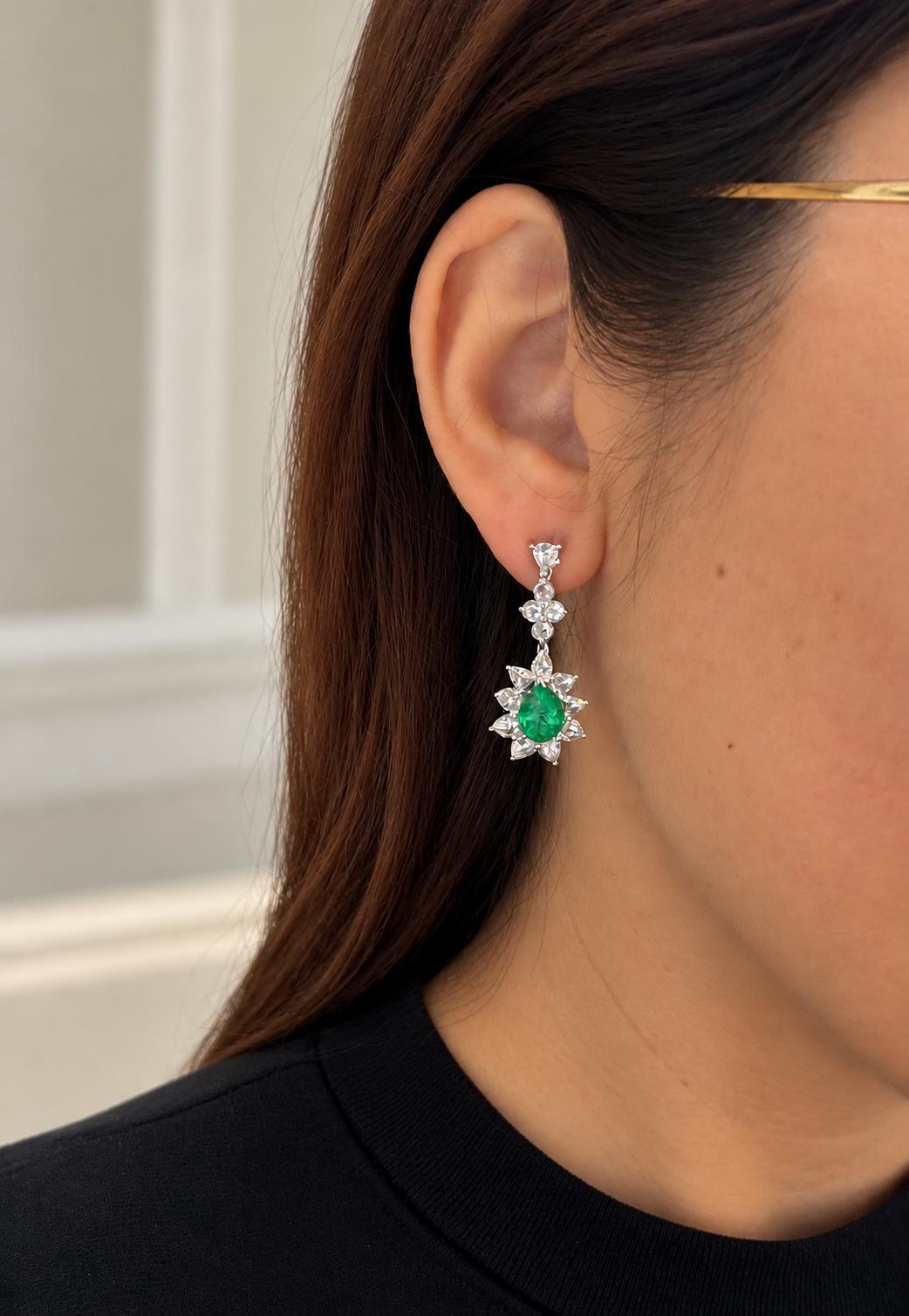 18K White Gold 2.22 Carat Emerald and Rose Cut Diamond Earrings
