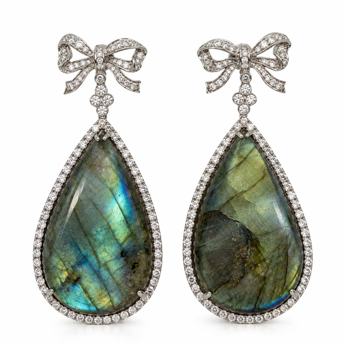 18K White Gold Diamond and Labradorite Bow Drop Earrings