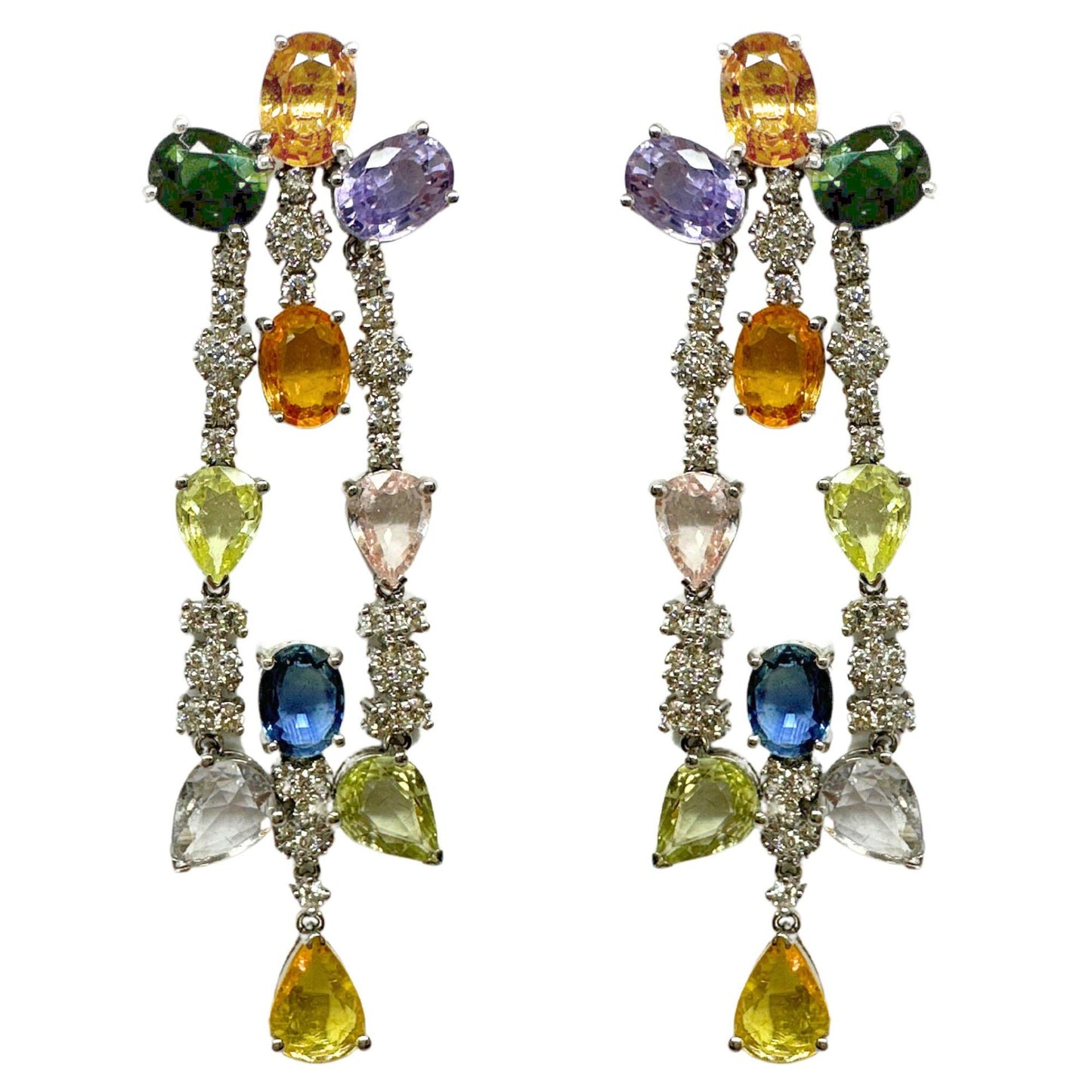 18k White Gold 26.25 Multicolor Sapphire Drop Earrings