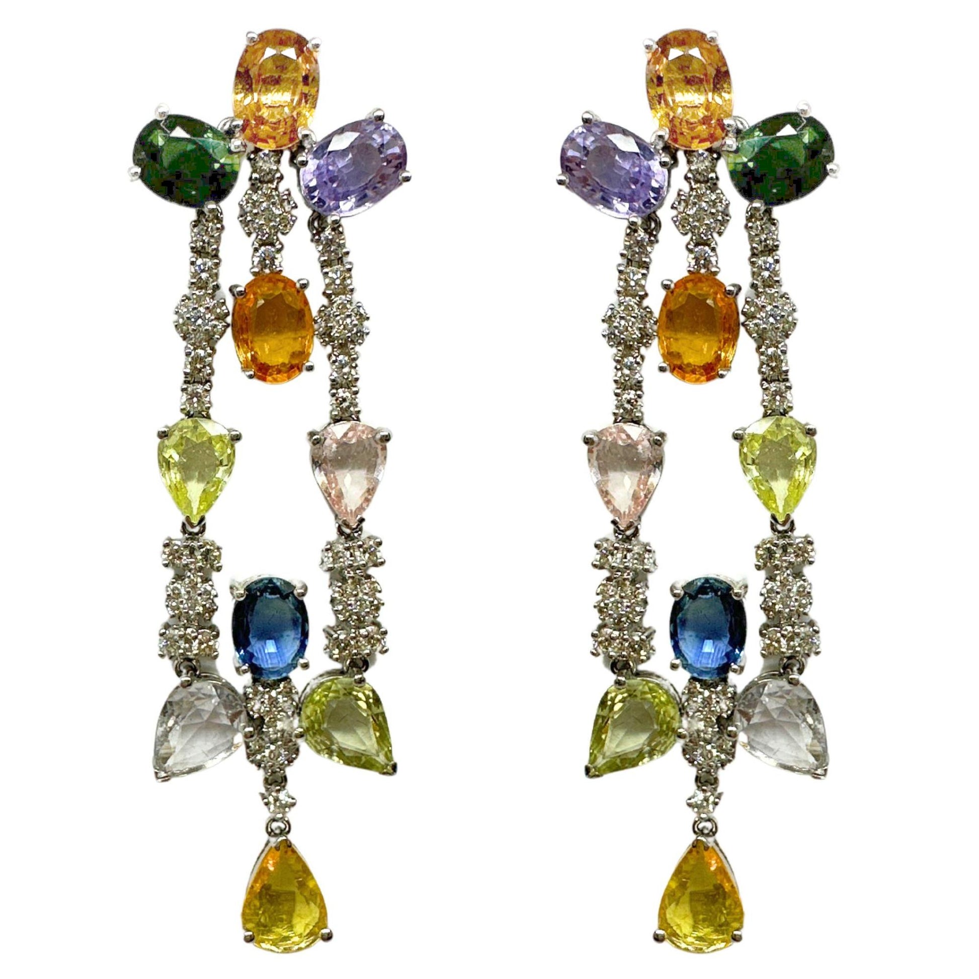 18k White Gold 26.25 Multicolor Sapphire Drop Earrings