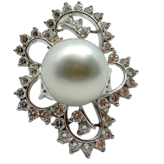 18K White Gold 2.48 Carat Diamond and Pearl Cocktail Ring - Size 7.5