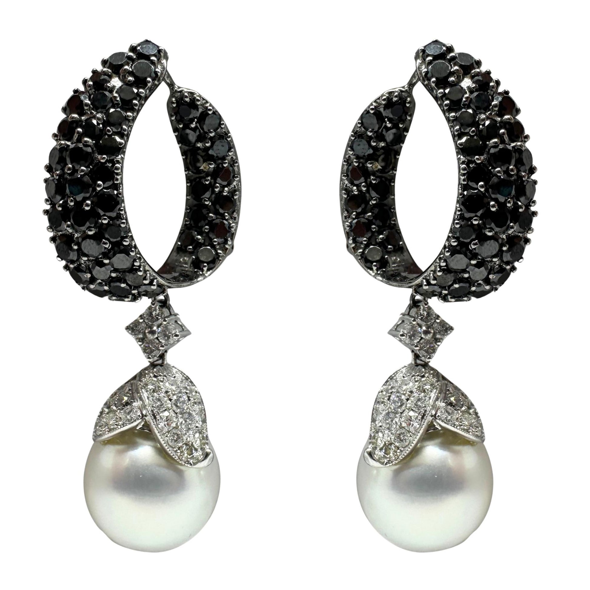 18K White Gold Black and White Diamond and Pearl Drop Earrings